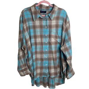Lane Bryant Flannel Shirt Womens 22/24 Plaid BrownBlue Button‎ Down Long Sleeves